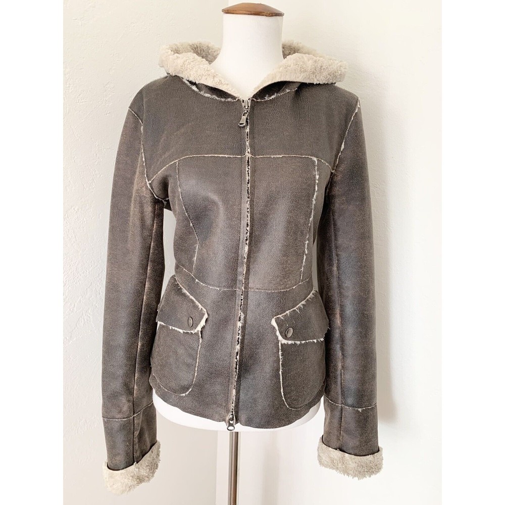 Athleta Faux Vegan Leather Shearling Fur Lined Hooded Jacket